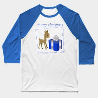 Merry Christmas deer with blue gift box Baseball T-Shirt